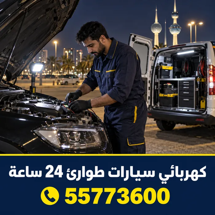 كهربائي سيارات طوارئ 24 ساعة يعمل ليلاً بإضاءة عمل
