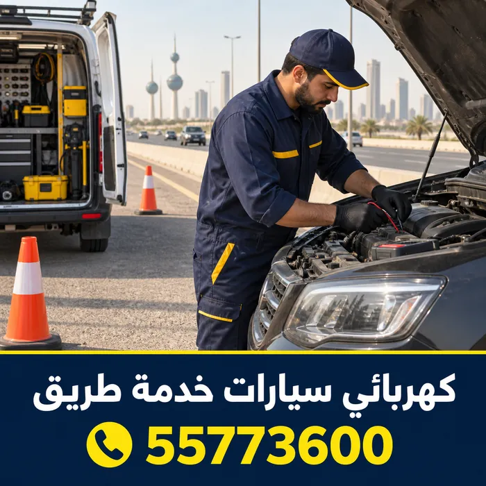 كهربائي سيارات خدمة طريق مع تأمين موقع السيارة بالمخاريط