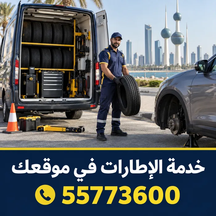سيارة خدمة إطارات مفتوحة الباب الخلفي بداخلها إطارات ومعدات بجانب سيارة