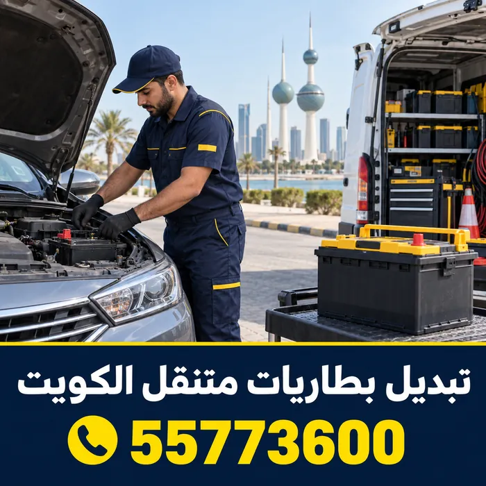 فني يبدل بطارية سيارة بجوار مركبة خدمة متنقلة في الكويت