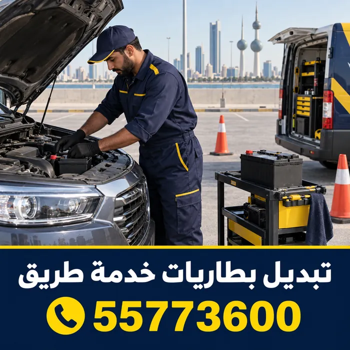 تبديل بطارية سيارة خدمة طريق مع تأمين الموقع بالمخاريط