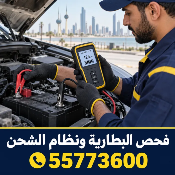 فحص البطارية ونظام الشحن بجهاز اختبار يعرض قراءة الجهد