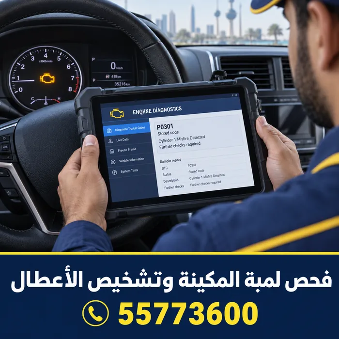 جهاز فحص يعرض كود عطل توضيحياً مع لمبة المكينة مضاءة على الطبلون