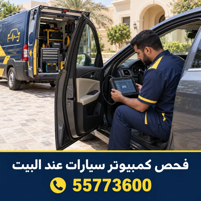 فني يجري فحص كمبيوتر لسيارة أمام منزل بجوار مركبة خدمة متنقلة