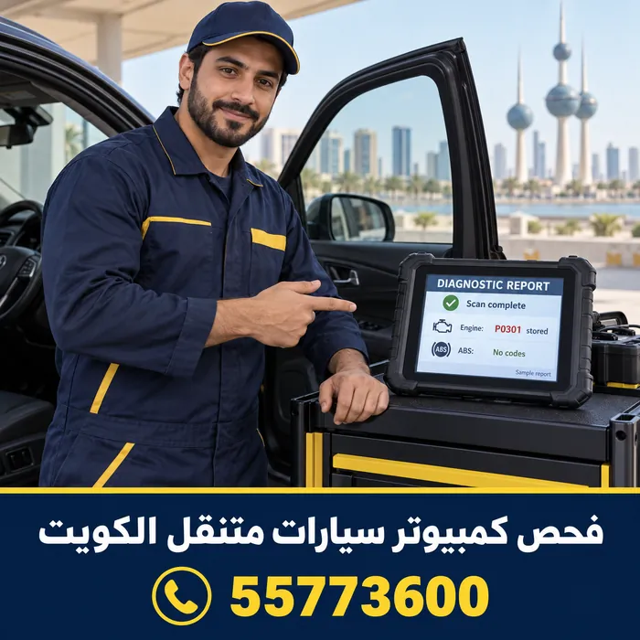 فني فحص كمبيوتر سيارات متنقل يعرض شاشة تقرير توضيحية في الكويت