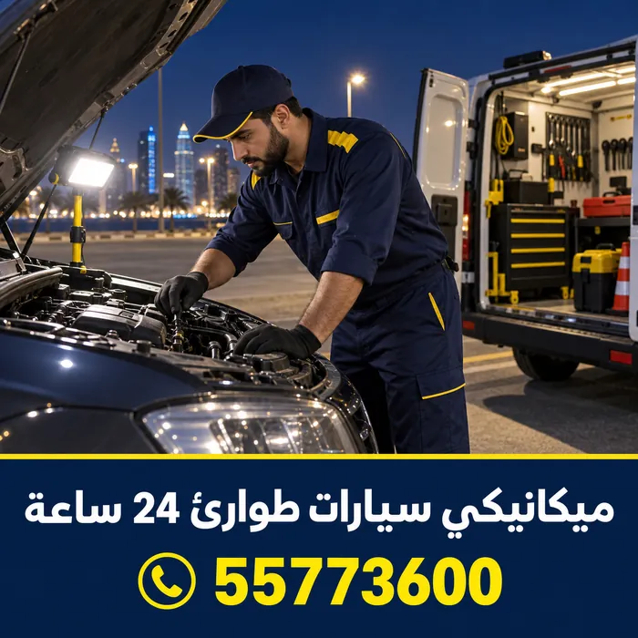 ميكانيكي متنقل يفحص سيارة متوقفة على الطريق مع تأمين الموقع