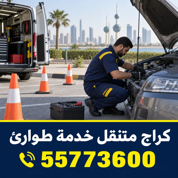 فني يعمل على سيارة متوقفة مع أقماع تحذيرية على جانب الطريق
