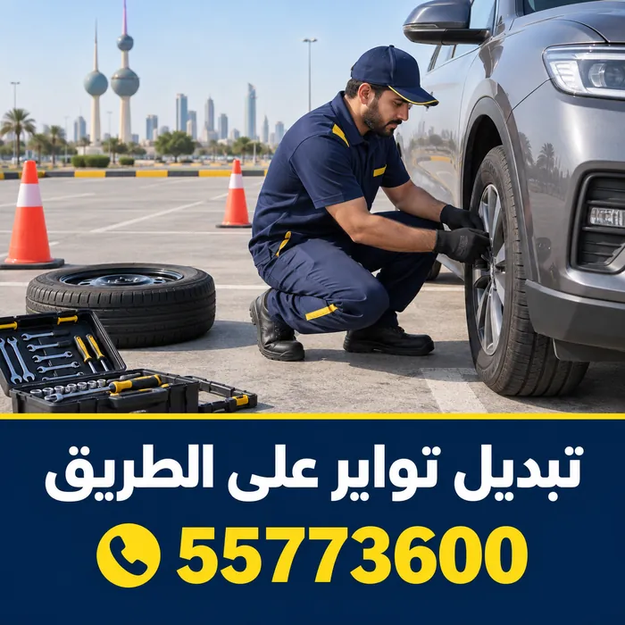 فني يبدل إطار سيارة على الطريق مع تأمين الموقع بالمخاريط