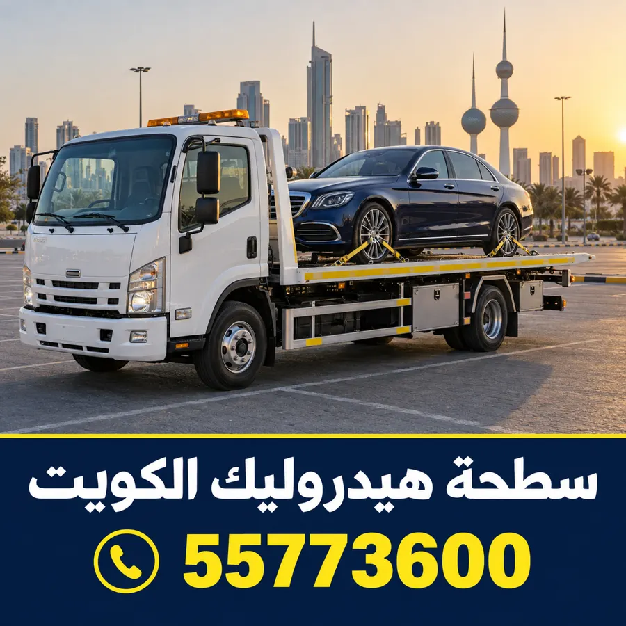 سطحة هيدروليك في الكويت تحمل سيارة سيدان مثبتة على المنصة