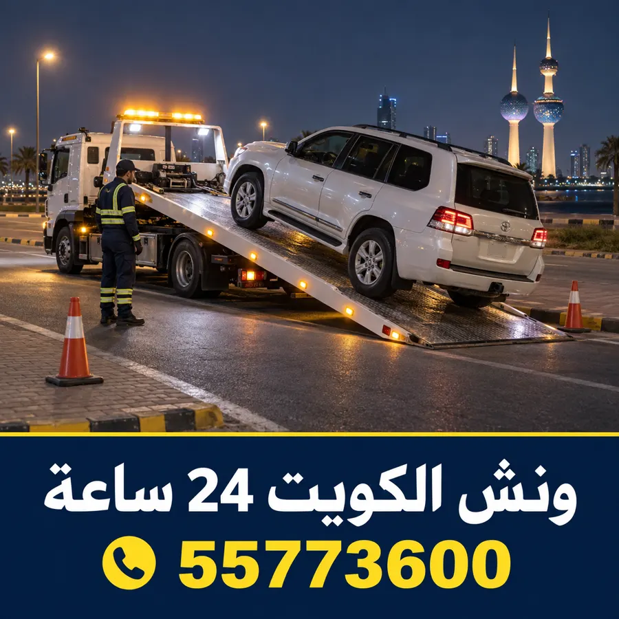 ونش سيارات ليلاً في الكويت يحمّل سيارة دفع رباعي على جانب الطريق
