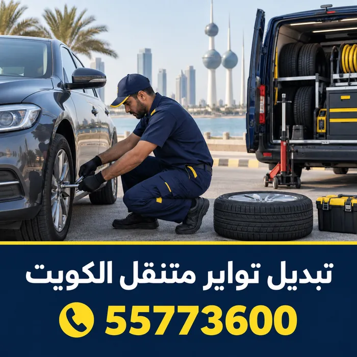 فني يبدل إطار سيارة بجوار مركبة خدمة متنقلة مجهزة في الكويت