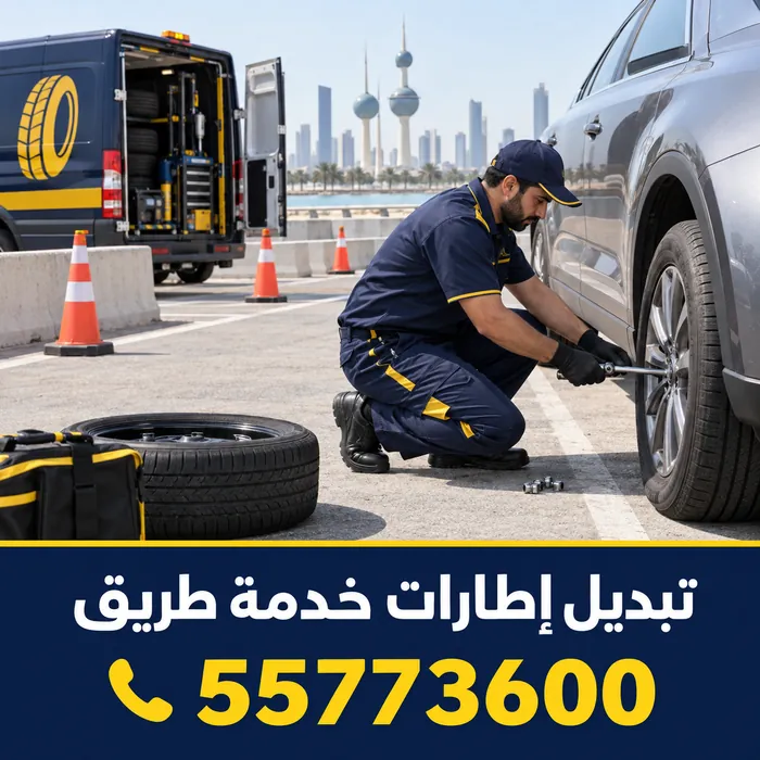 تبديل إطارات خدمة طريق مع تأمين موقع السيارة بالمخاريط